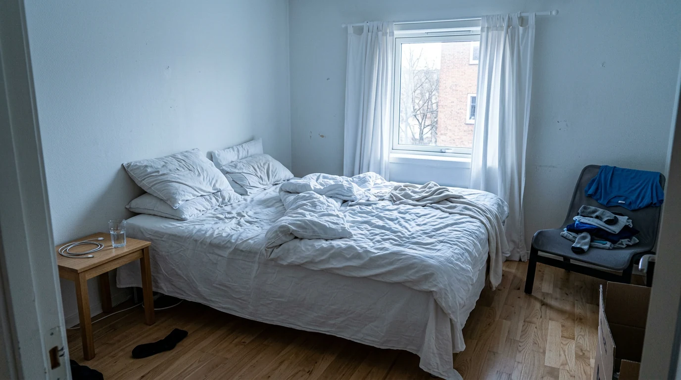 A bedroom as shot on a phone, dim, cold and unmade
