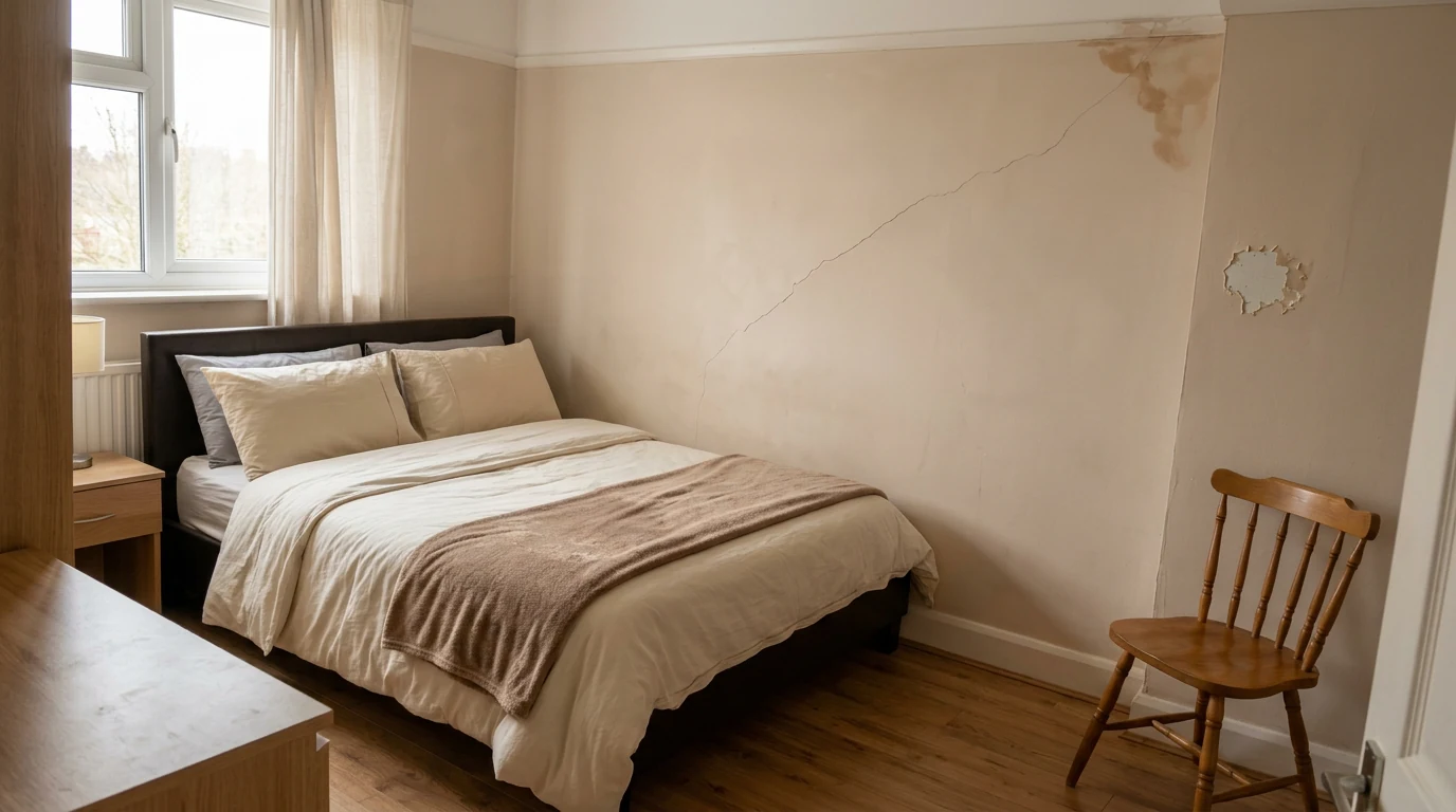 A tidied bedroom with its real wall flaws kept intact