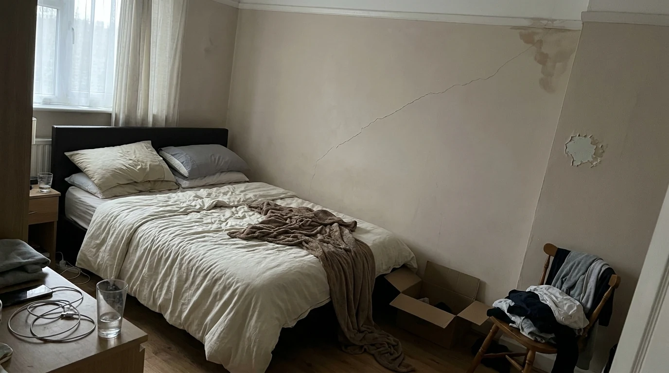 A bedroom with an unmade bed, clutter and clearly damaged walls