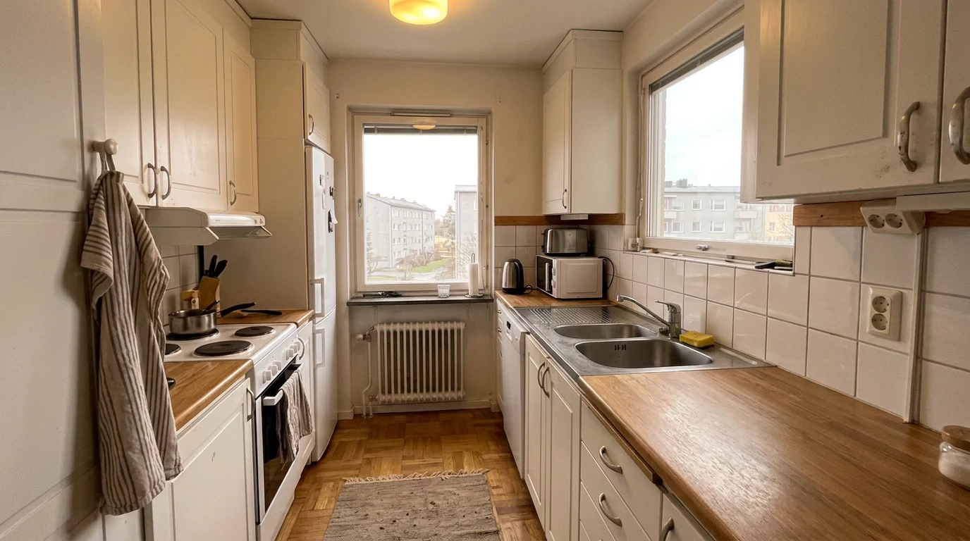 A kitchen lit warm and cleared by an honest edit