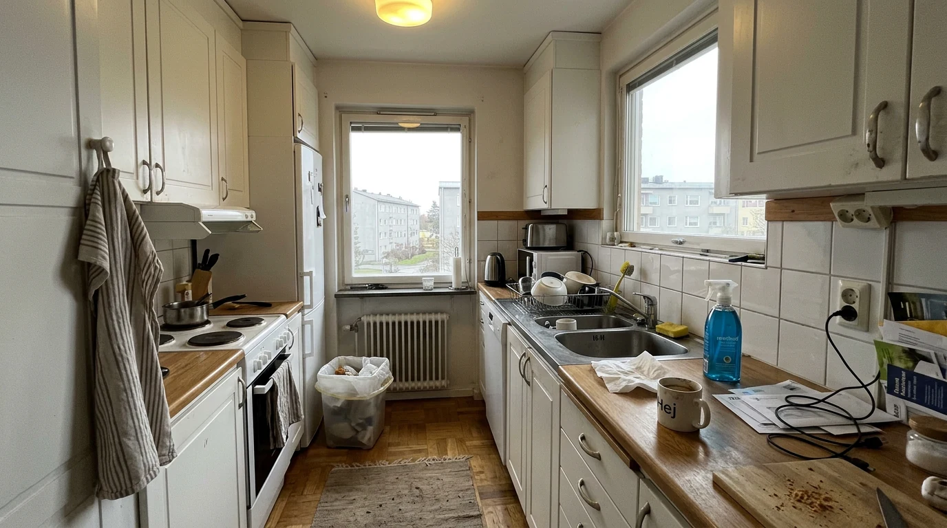 A kitchen as shot on a phone, flat grey light and cluttered worktops