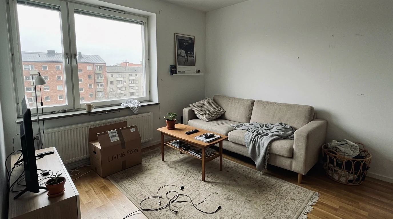 A living room as shot on a phone, flat grey light with clutter